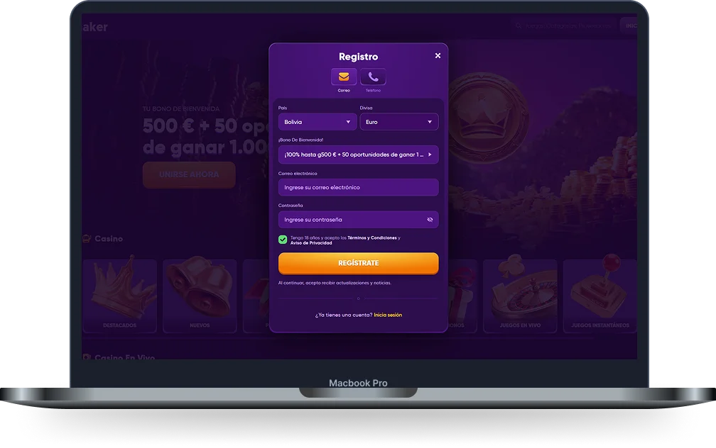 Kingmaker Casino formulario de registro para crear una cuenta